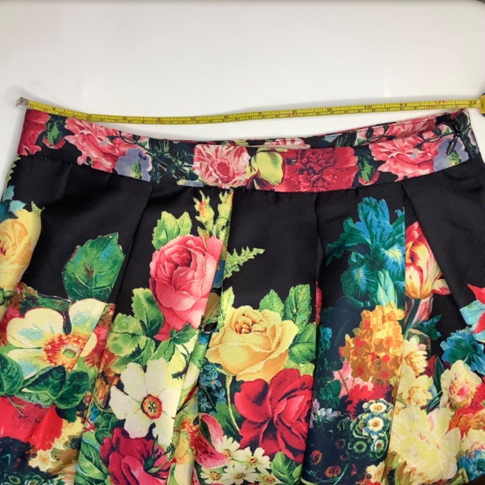 Modern Vintage Volume Pleated A Line Skirt Pocket Floral Vivid Red Yellow Black - Picture 6 of 6